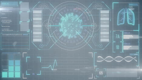 animation of macro coronavirus covid-19 cell analyzed on a screen with medical information