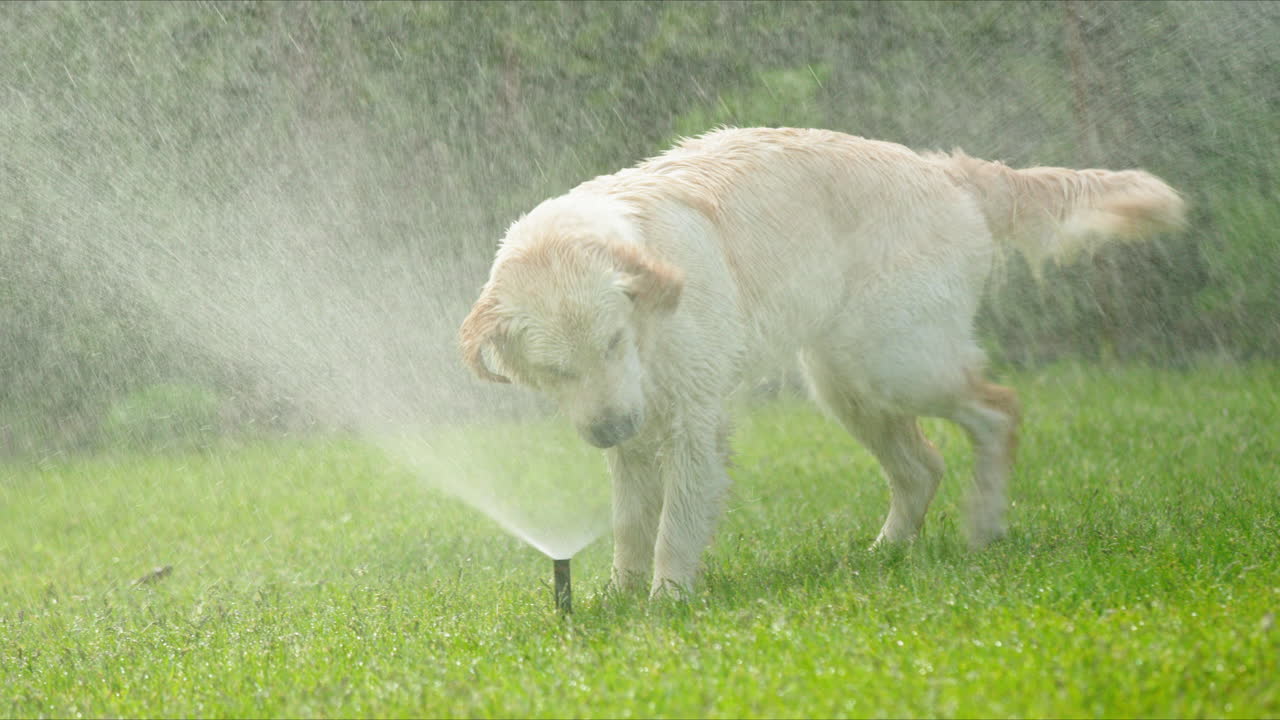 골든 리트리버가 스프링클러에서 놀고 있다