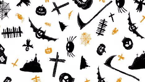 animation of bats, pumpkins, cemetery and spiders on white background