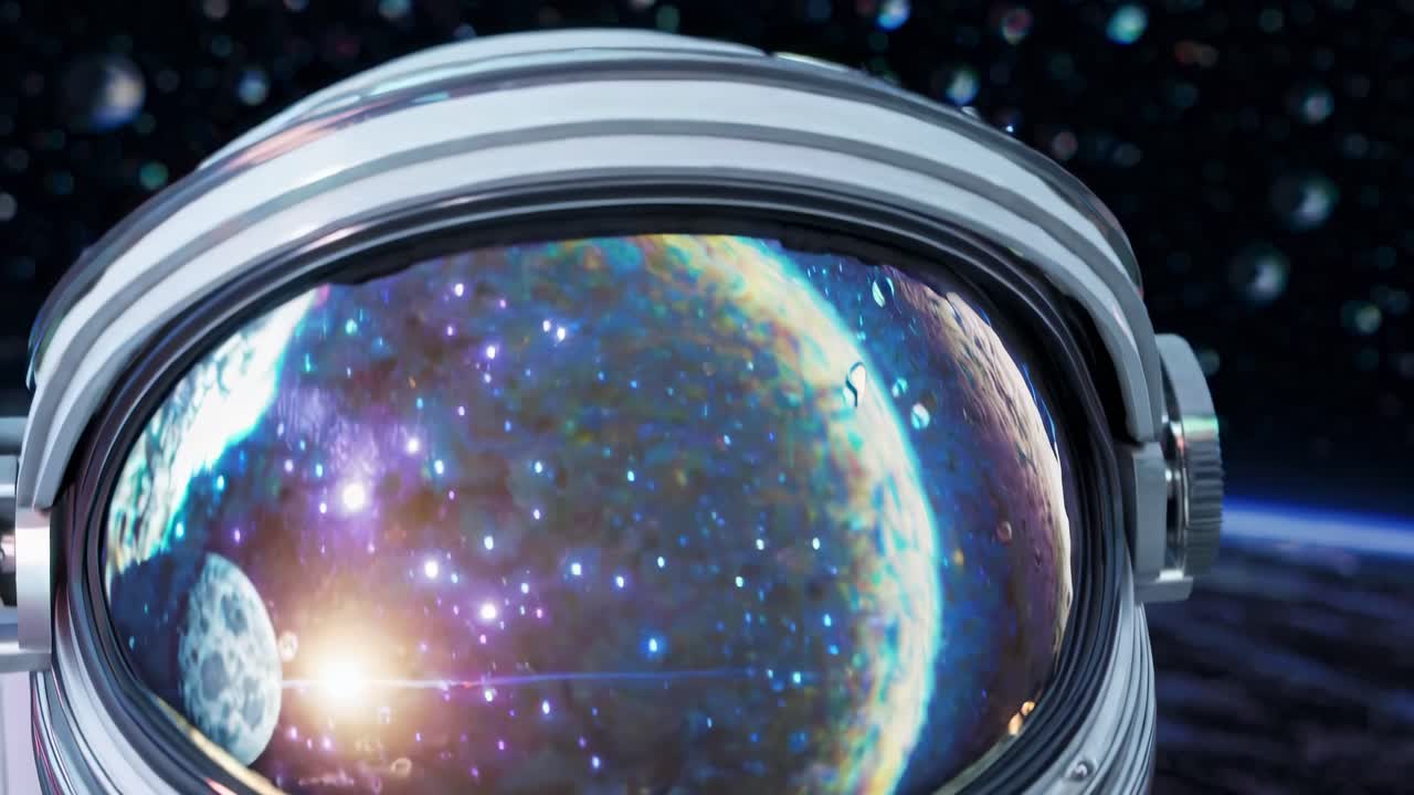 Close-up video of an astronaut helmet reflecting a colorful cosmic scene