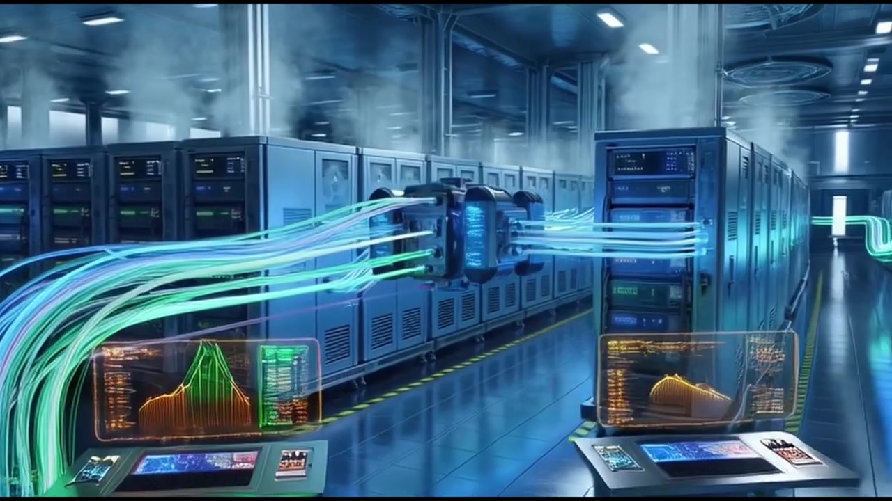 Futuristic Data Center with Glowing Fiber Optic Cables and Server Racks