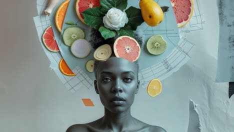 surreal portrait of a woman adorned with fruits and nature elements