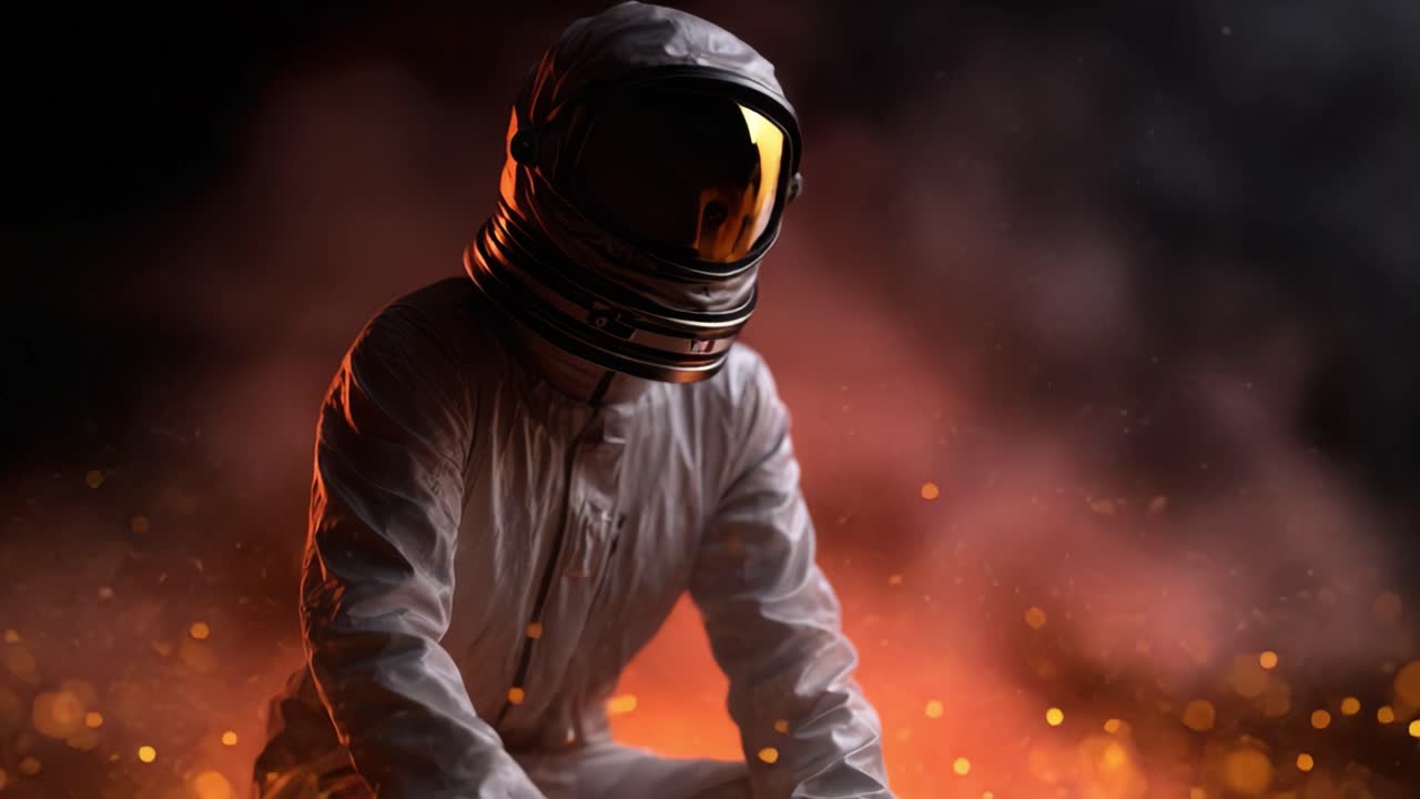 En astronaut holder pause i en flammende atmosfære, omgivet af mystisk røg og glødende gløder, hvilket fanger et øjeblik af eftertænksomhed og eventyr inden for rumudforskning.
