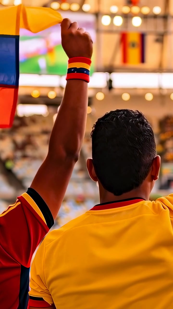 Video verticale: Tifoso sulla sinistra che inizia a sventolare una bandiera allo stadio con una maglia gialla, tifando per la squadra