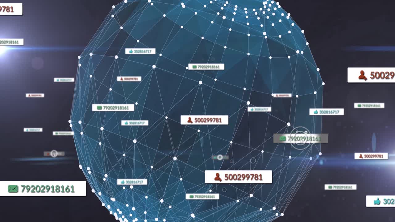 Animation of social media icons on banners over globe of connections