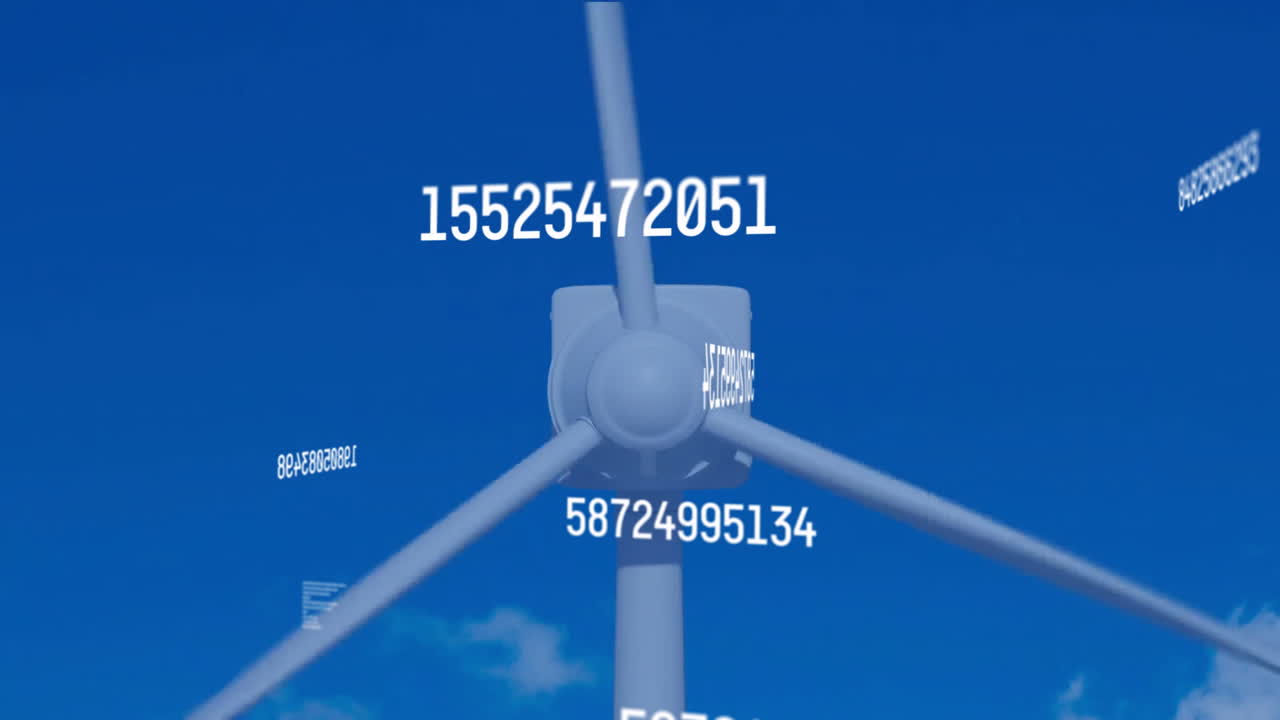 Wind turbine with numerical data processing animation over blue sky background