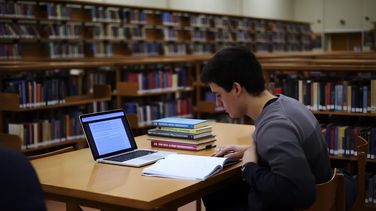 Student studying in a library with a laptop and books