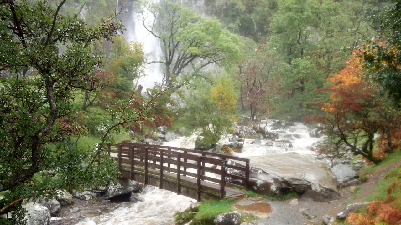 가을 계곡 폭포 위의 목가적인 목조 인도교가 강력하게 흐르는 강으로 흘러들어갑니다.