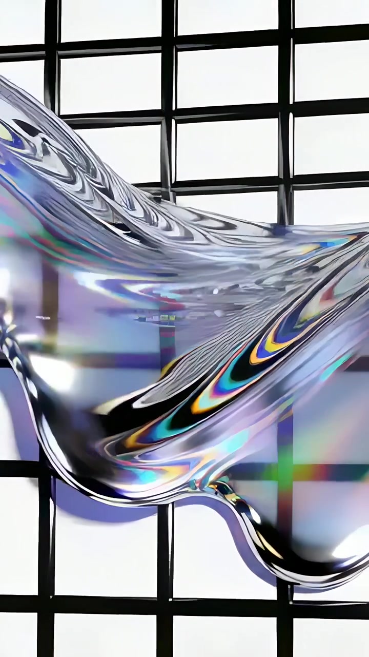 Vertical video: Flowing from backlight, iridescent film stretching across grid reacting to tension
