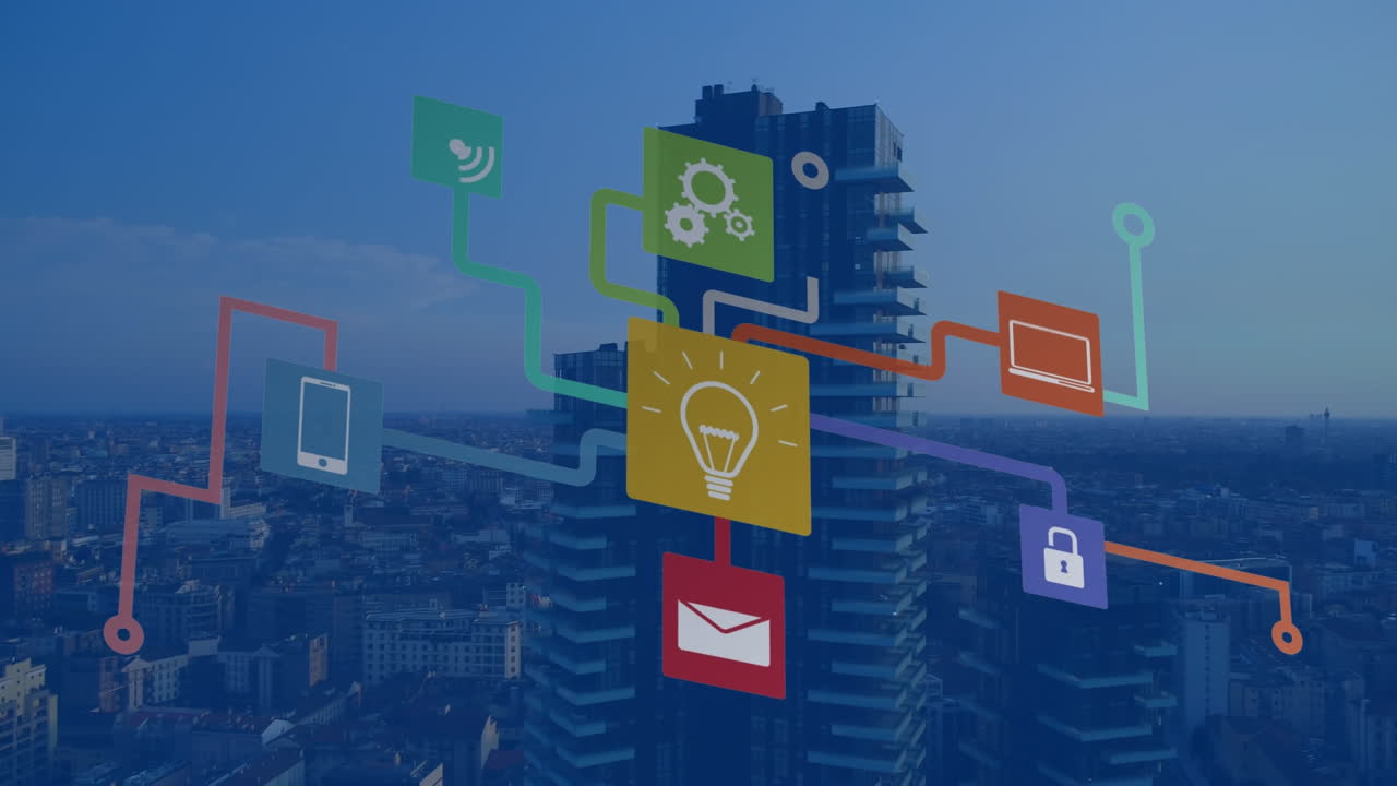 도시 풍경 위의 아이콘으로 연결된 네트워크의 애니메이션