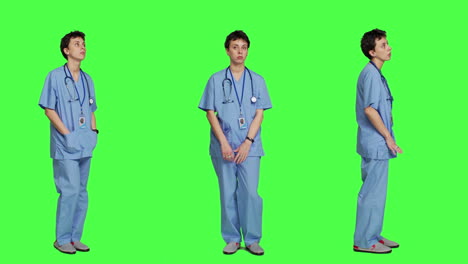 stressed nurse checks time on watch and waiting for patient to arrive at checkup