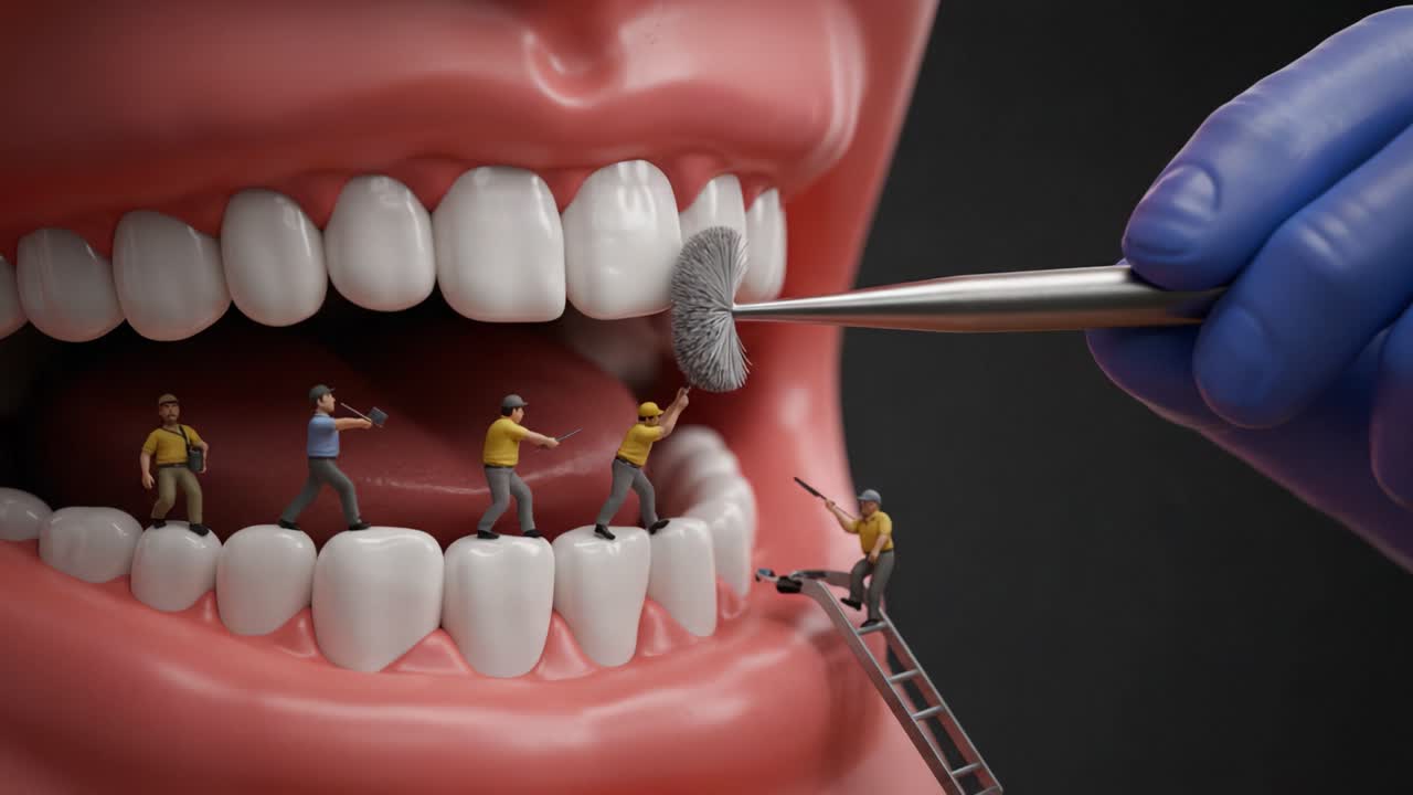 Intricate Dental Cleaning Scene Featuring Miniature Workers Scrubbing Teeth in a Gigantic Mouth, Showcasing the Details of Dental Hygiene and Care in a Unique Perspective