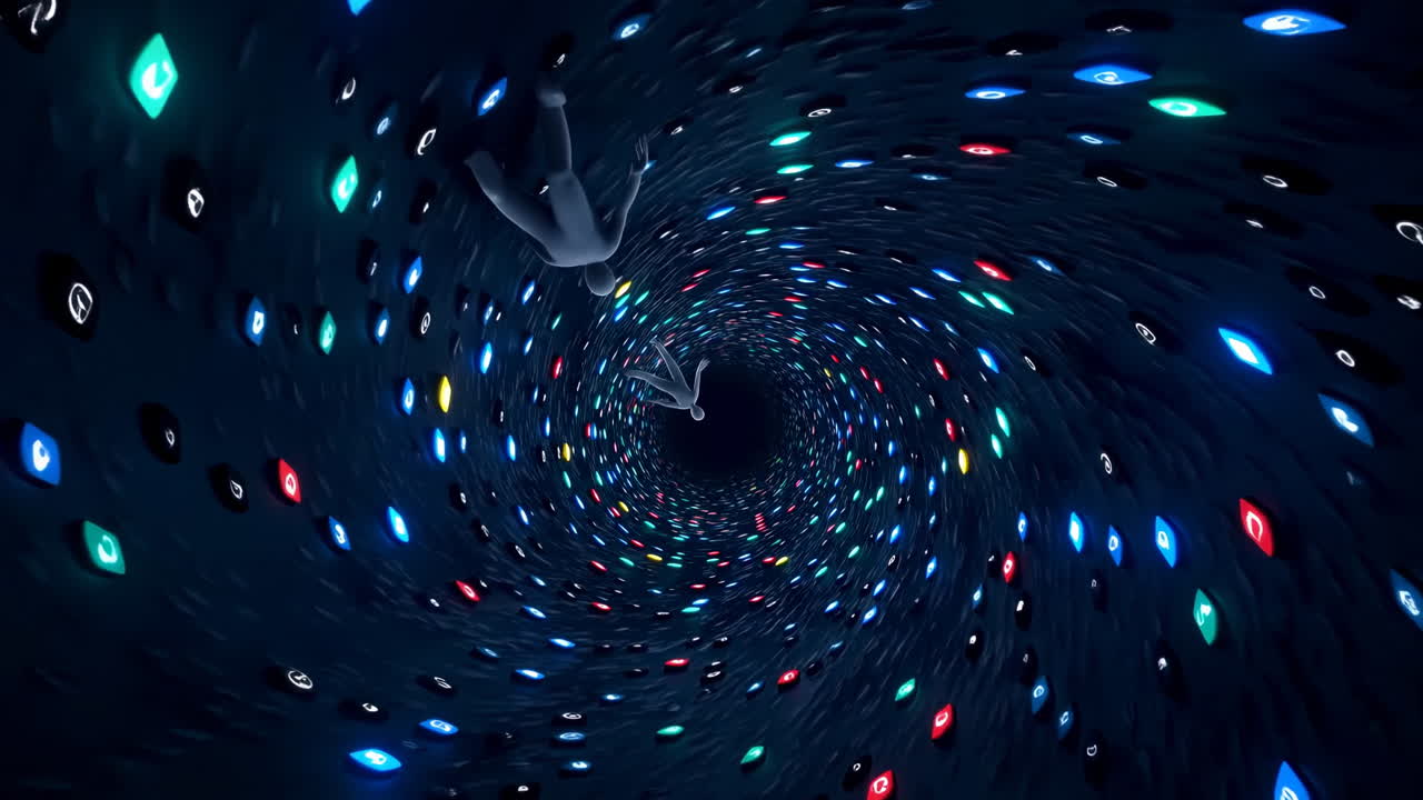 Digital Figure Tumbling Through Swirling Tunnel Of Colorful App Icons And Lights, Evoking Social Media