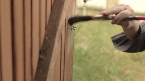 homeowner painting door of a wooden shed door