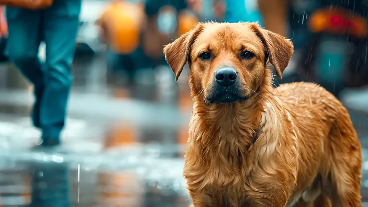 도시 거리에서 비에 서 있는 갈색 개