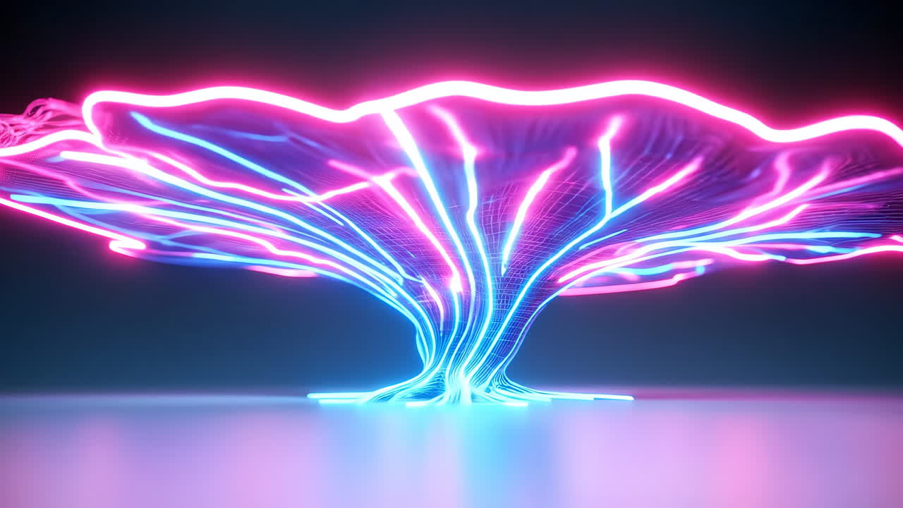 Neon tree glowing in digital style. A luminous tree design radiates vibrant pink and blue lights, creating an eye-catching digital art display