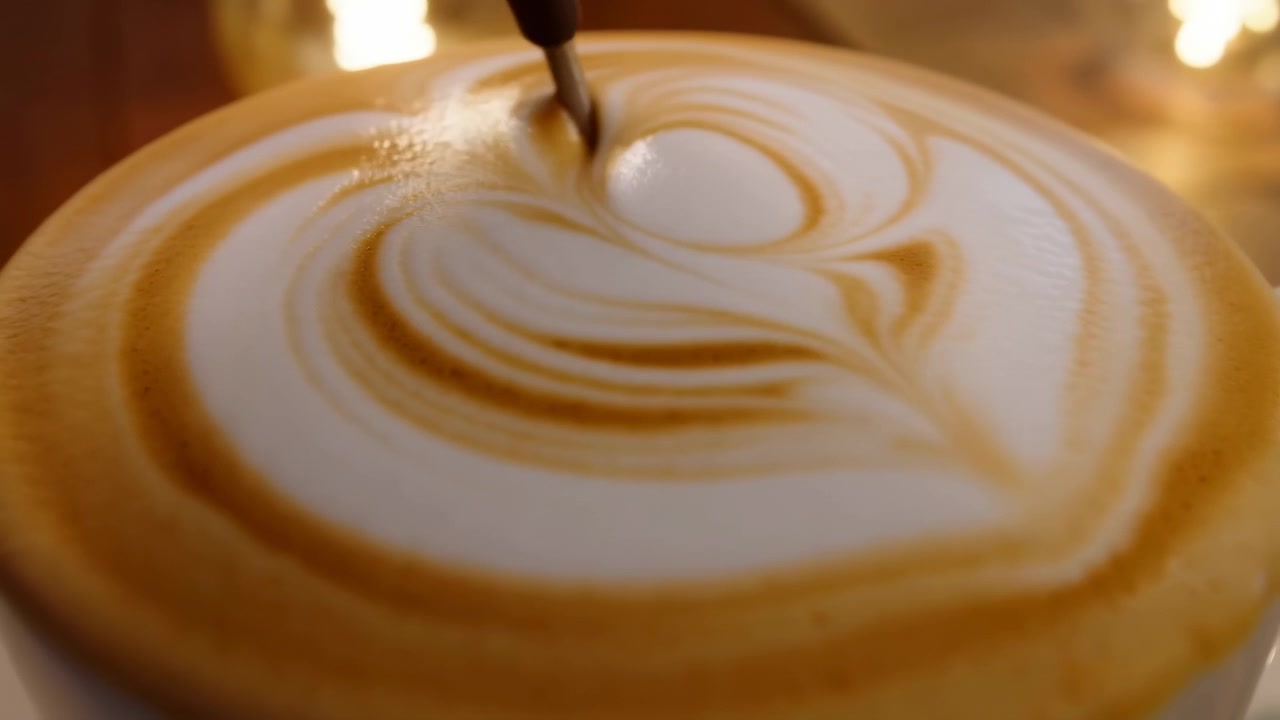 Arte latte sendo criada, em ambiente de cafeteria, com latte e xícara de café, de uma perspectiva de close-up de cima para baixo, com detalhes em marrom e branco, e um clima criativo e artístico.