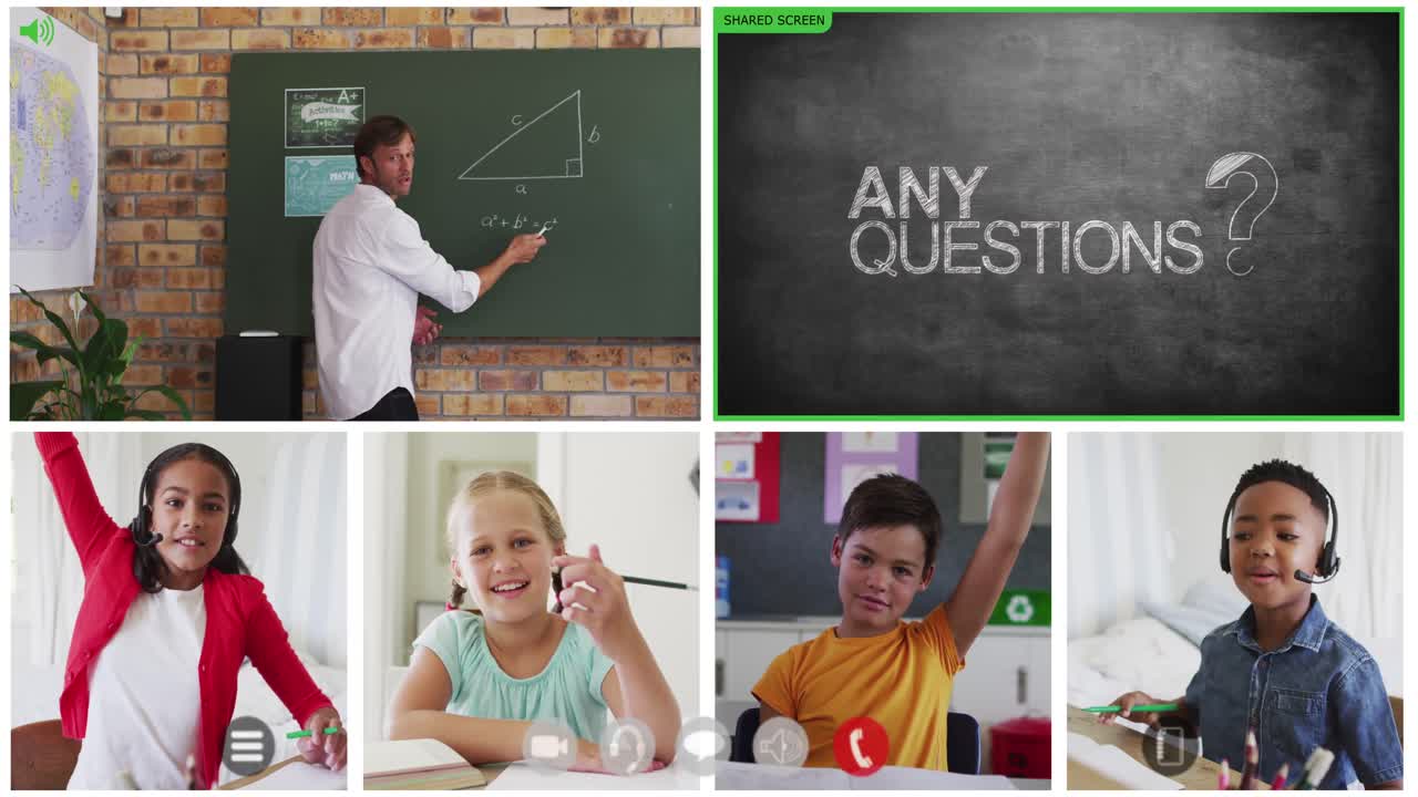 Animation of video call screens of chalkboard and diverse teacher and children having online lesson