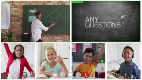 Animation-of-video-call-screens-of-chalkboard-and-diverse-teacher-and-children-having-online-lesson