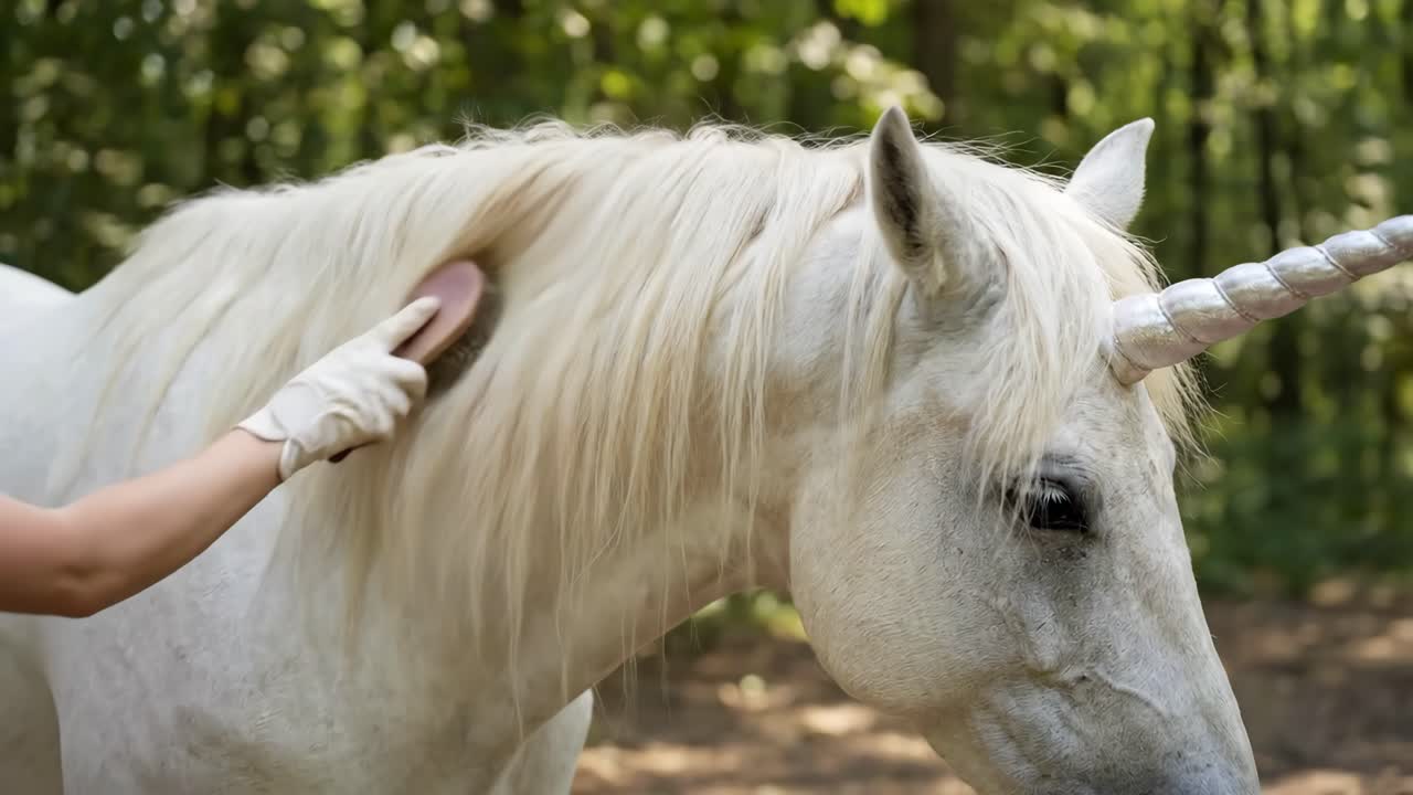 Mão enluvada acariciando a crina branca de um unicórnio majestoso em uma floresta