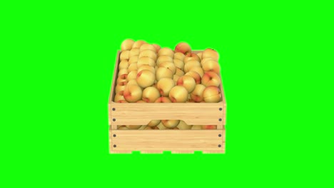 caja de madera con melocotones en fondo verde. renderizado en 3d aislado