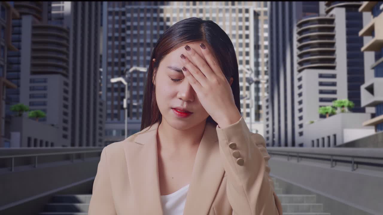 도시 거리에서 서 있을 때 두통이 있는 아시아 사업가의 근접 사진