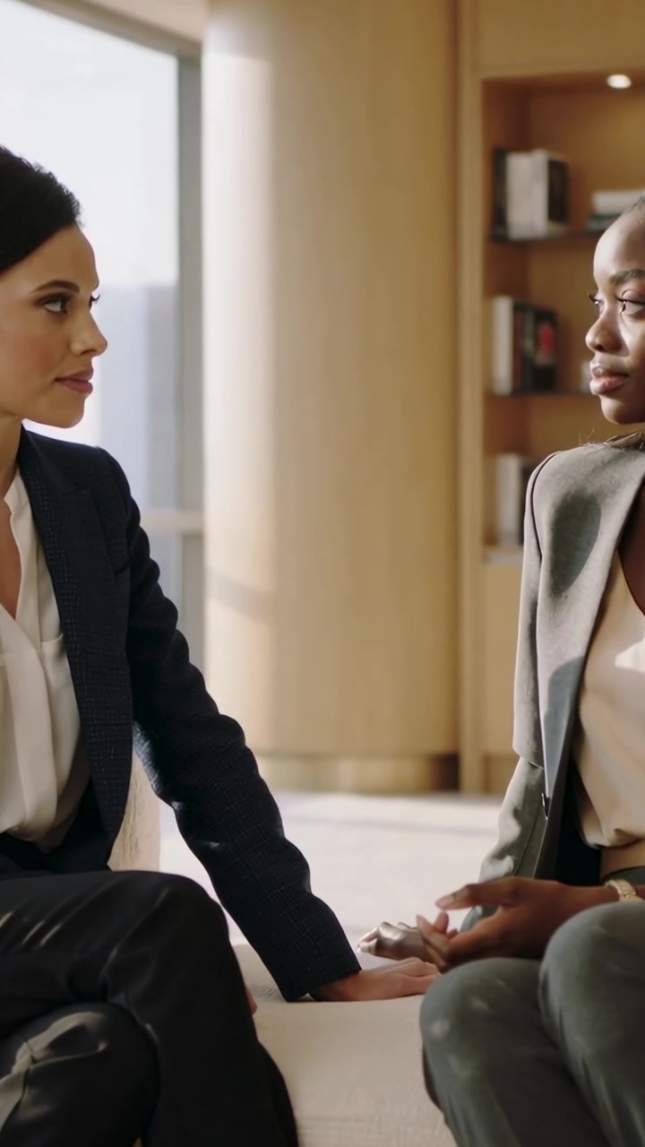 Vertical video: Speaking right woman in blazer leaning, touching peer soothing in office with phone
