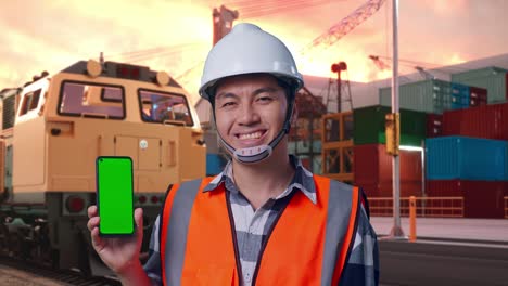close up of asian male engineer with safety helmet smiling and showing green screen smartphone to the camera while standing with freight cargo train at port
