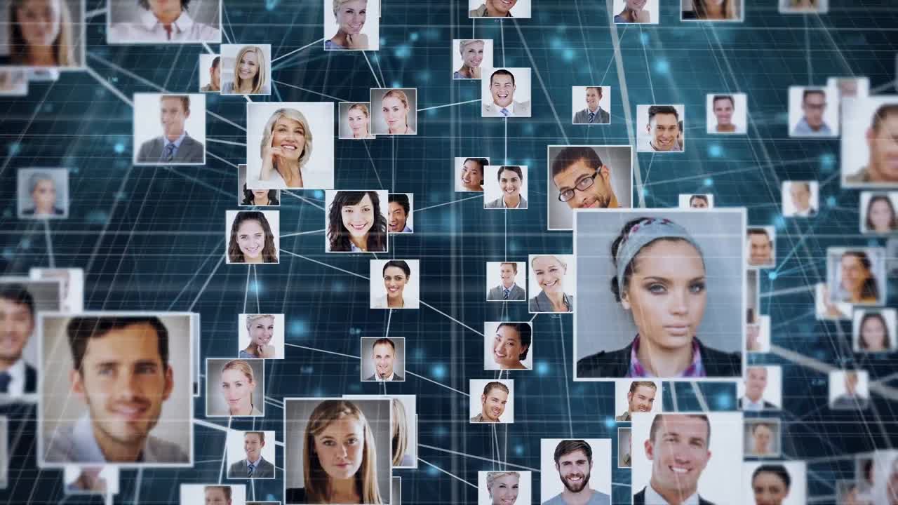 Animation of globe with network of connections and people's photos