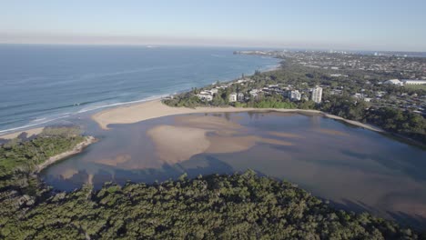 panoramic view of the ocean, currimundi lake and creek, sunshine coast, queensland, australia, aerial shot