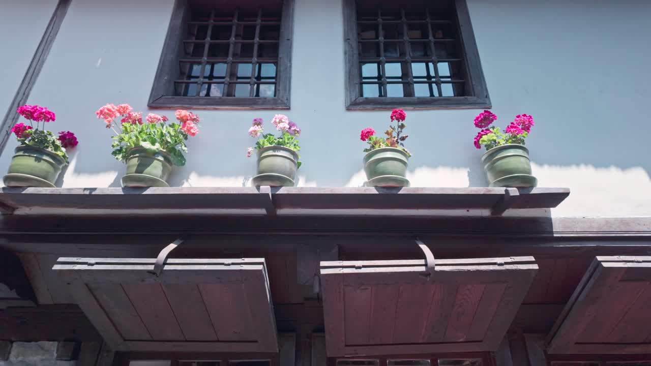 Traditional Building Facade with Flower Pots and Windows