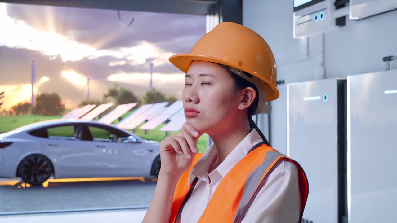 Close Up Side View Of Asian Female Engineer With Safety Helmet Thinking About Something And Looking Around With Home Energy Storage System In a Modern Garage