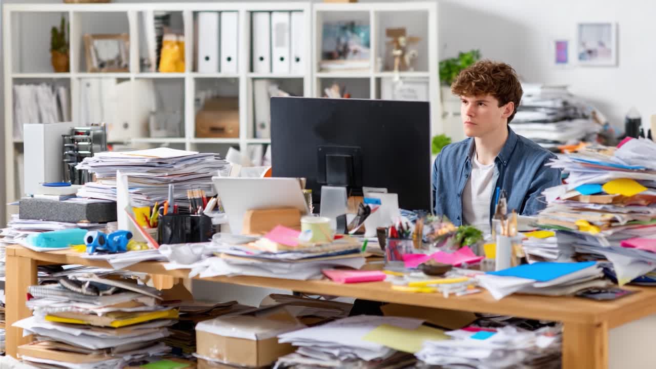 A Frustrated Young Man Surrounded by a Mountain of Paperwork and Clutter While Working at His Desk in a Chaotic Office Environment