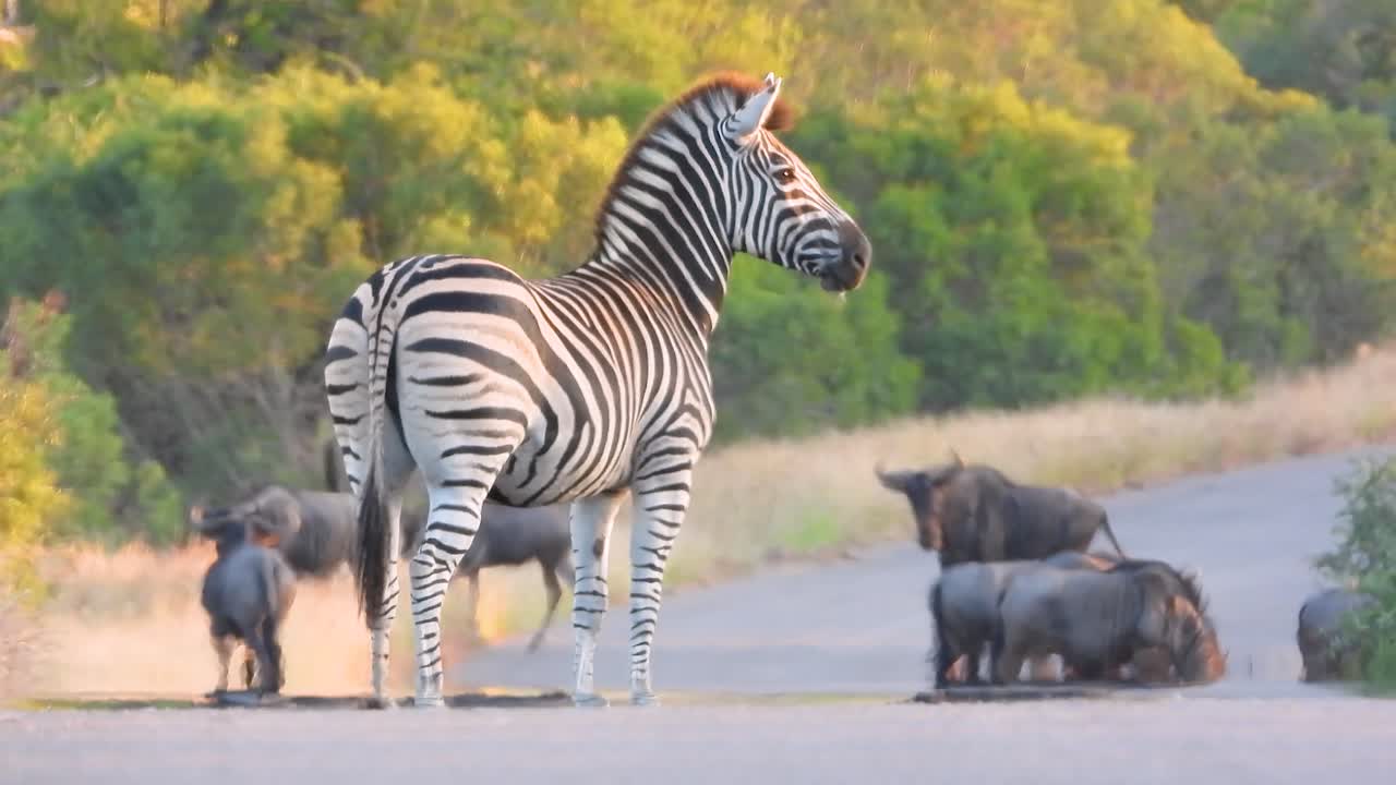 다른 동물들이 크루거 국립공원의 배경에서 고 놀고 있는 동안 버스 제브라가 서서 무언가를 바라보고 있습니다.