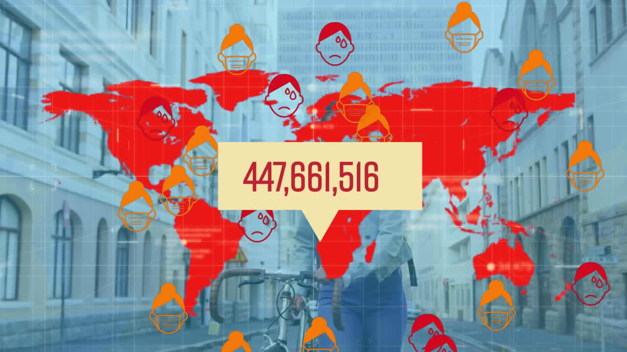 animación del procesamiento de datos de covid-19 sobre el mapa del mundo y una mujer con máscara facial