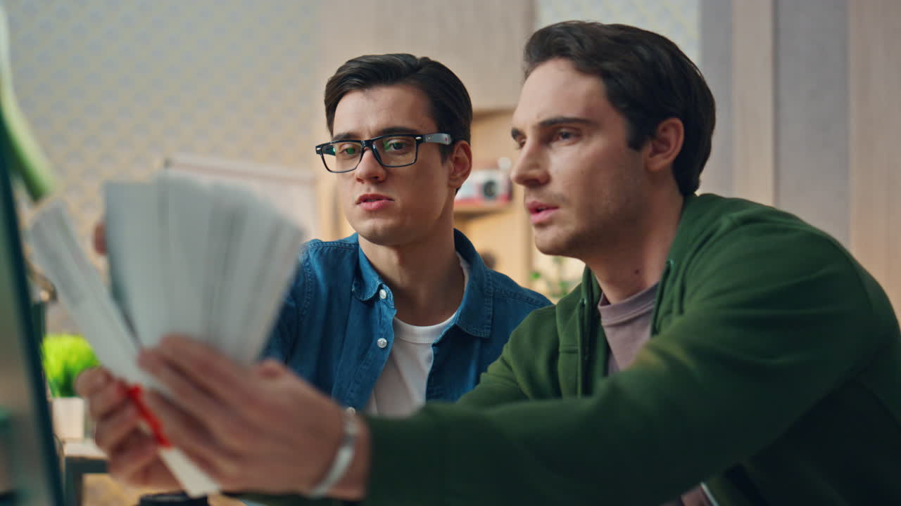 ,Web designers choosing colour at office closeup. Two creators watching computer