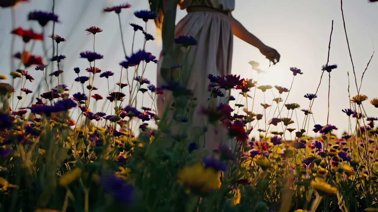 A low-angle video shot captures a woman gently reaching for wildflowers in a sunlit field