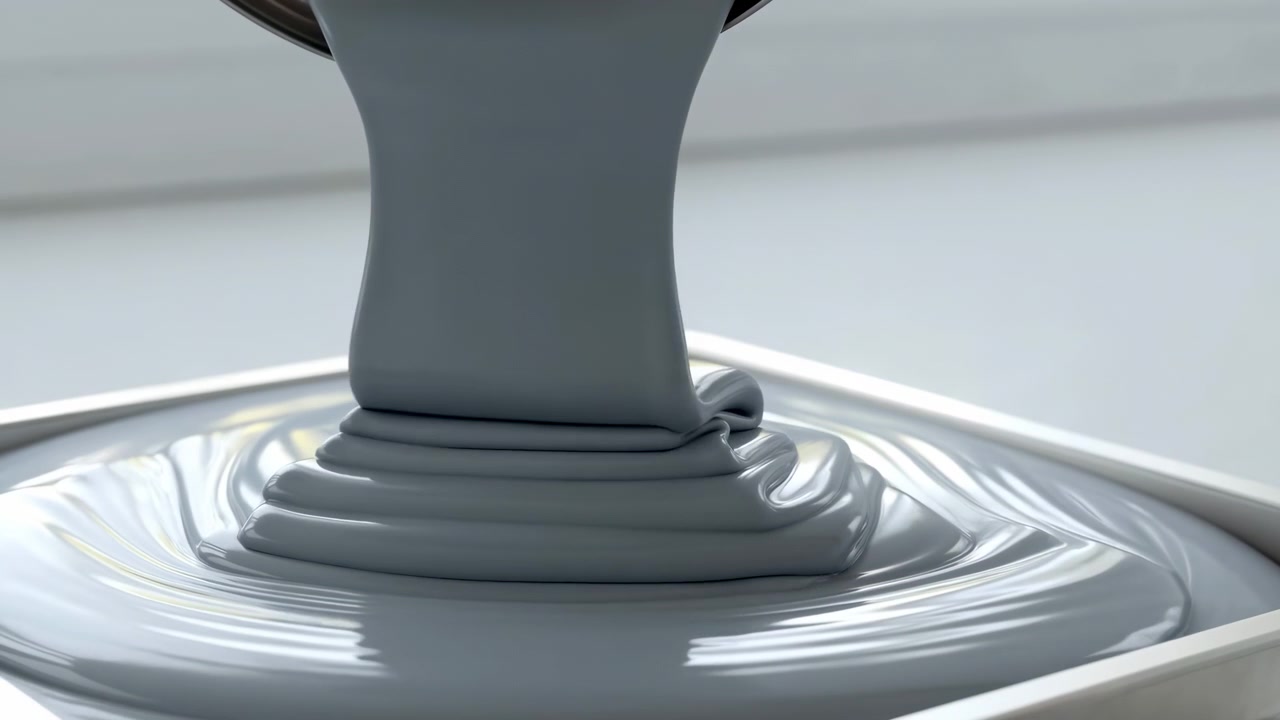 Time-lapse-stil nærbildesekvens av grå maling som helles fra en metallboks ned i et rektangulært brett, og utvikler seg fra en innledende strøm og samling til en høy stabel