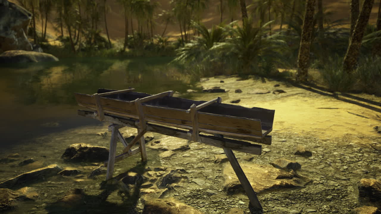 Wooden trough near a tranquil water body amid lush tropical vegetation