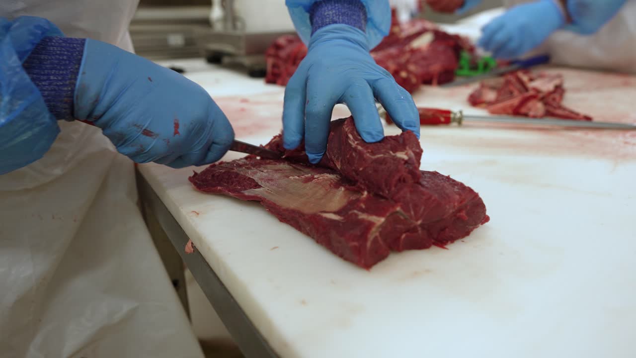 Butcher Trimming Raw Meat with Gloves and Knife