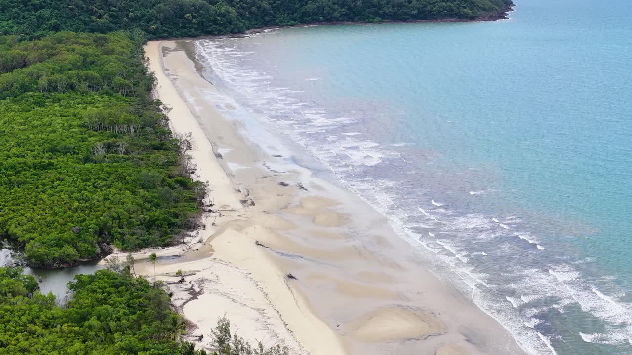 Drone glides above lush rainforest meeting sandy beach and turquoise sea, revealing mangroves, tidal patterns, and untouched shoreline in bright daylight
