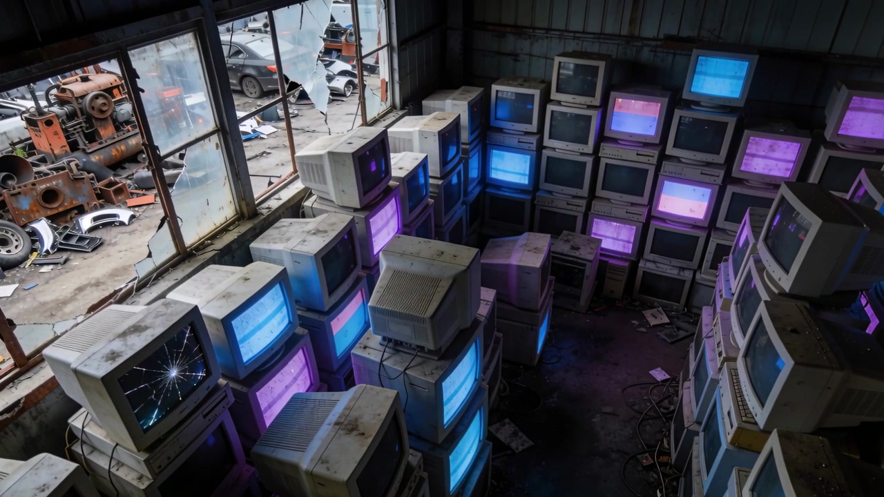 Panning over stacked CRTs flickering in rusted warehouse, cracked screen, broken window