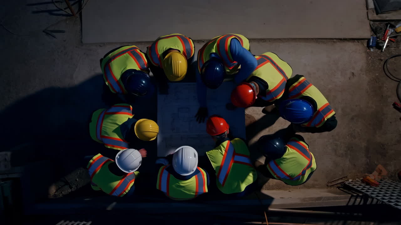 Overhead view of construction workers reviewing blueprints on site