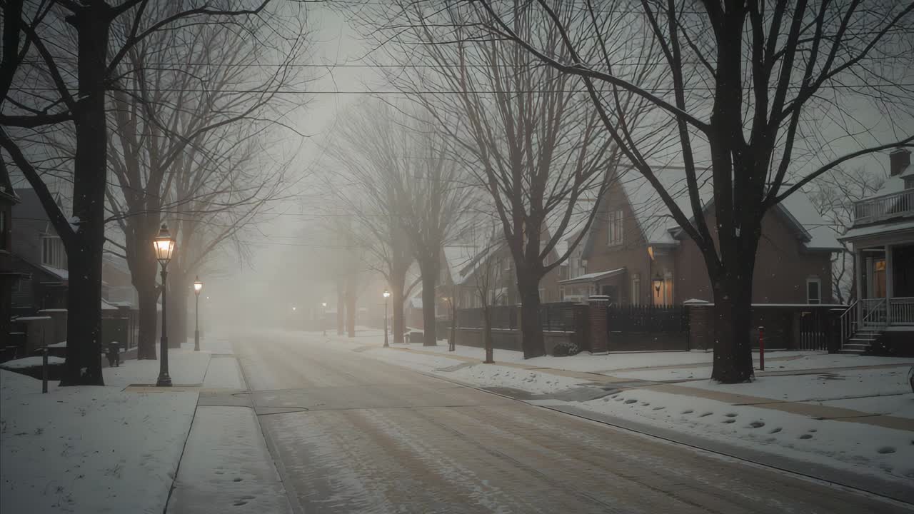 Showing snowy road leading down residential street as fog rising and snow falling, lit street lamps