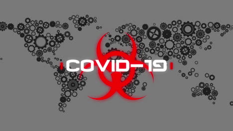animación del texto de advertencia de covid 19 sobre engranajes y mapa del mundo