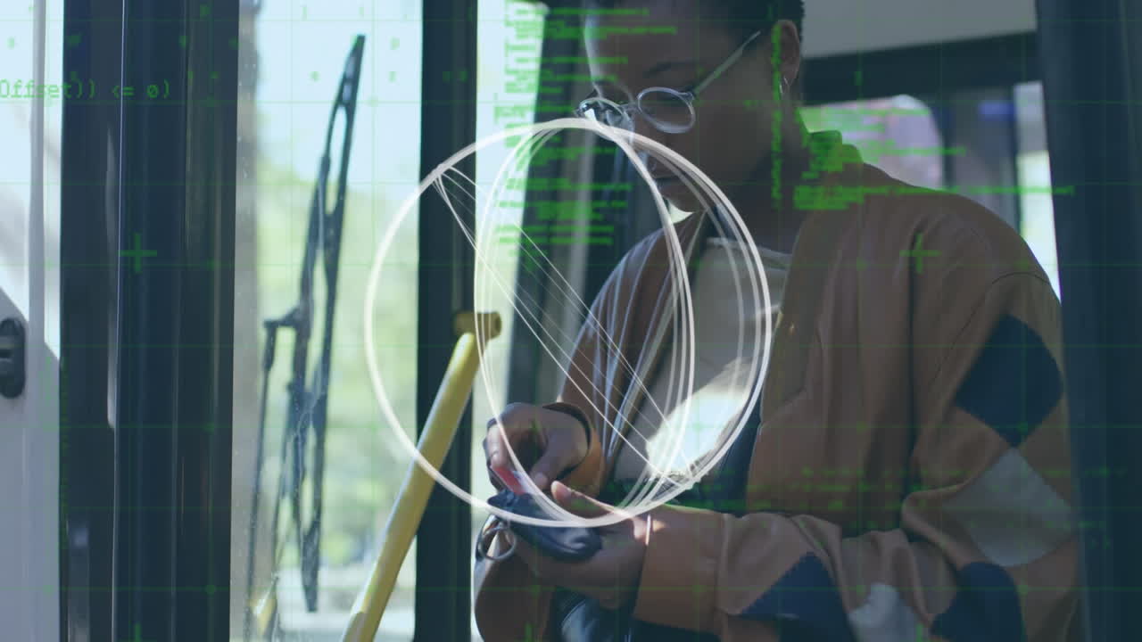Animation of rotating circles and data processing, over woman using credit card on bus