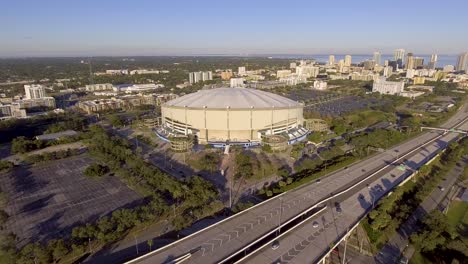 4K-Aerial-Drone-Video-of-Interstate-next-to-Tampa-Bay-Rays-Tropicana-Field-in-Downtown-St