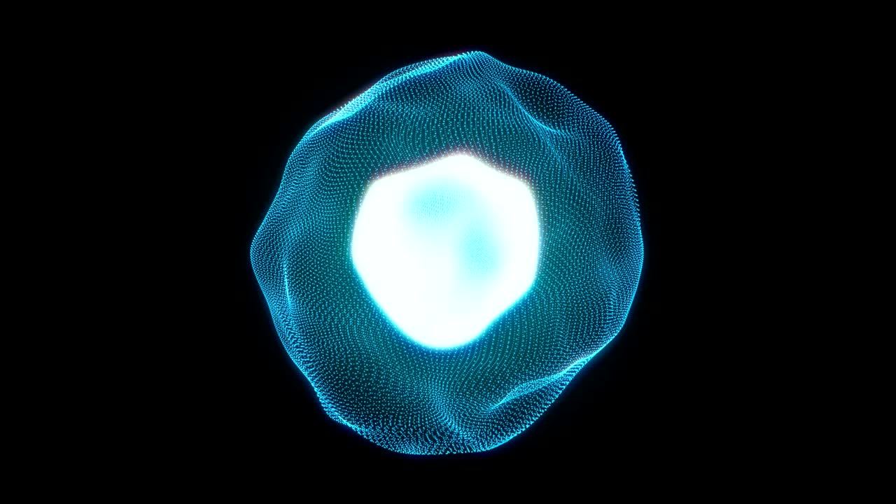 Abstract motion colorful sphere of glowing particles on black background.