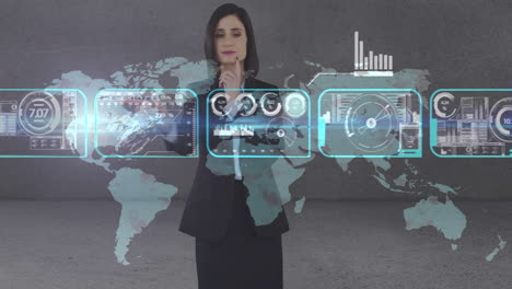 animation of digital data processing over screens, world map and caucasian businesswoman