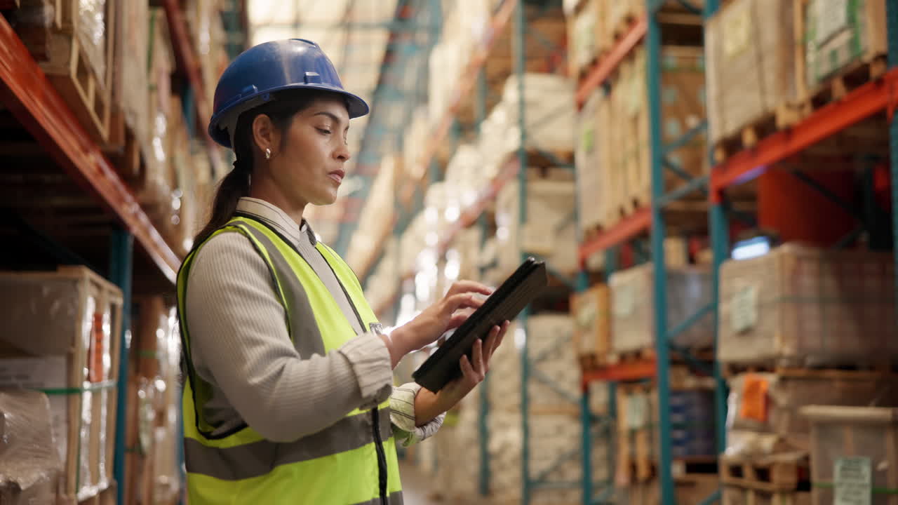 Worker in a warehouse checking inventory on a tablet